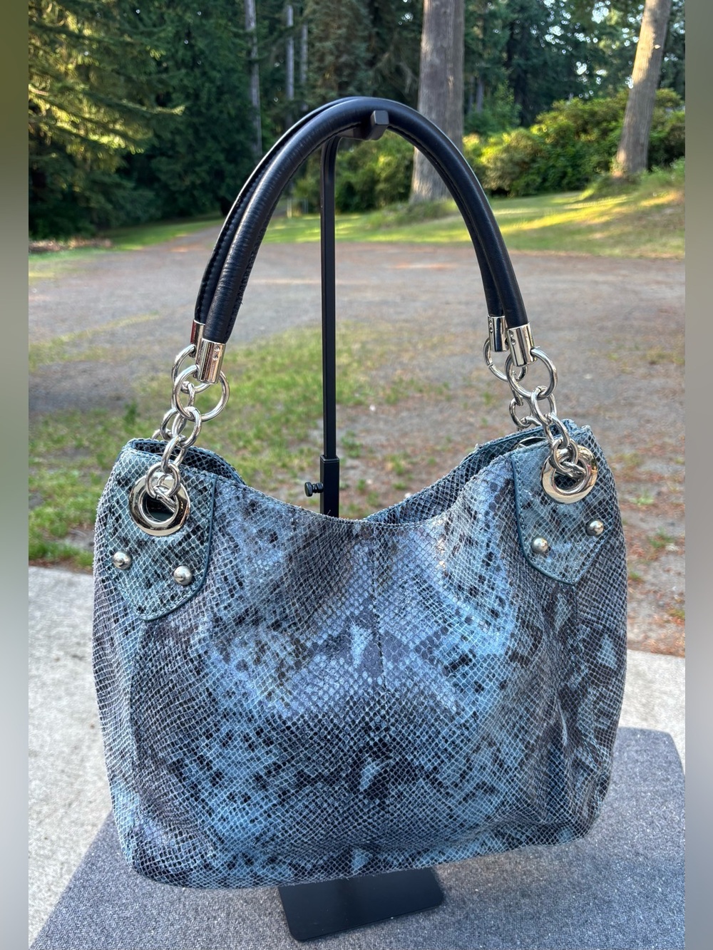 CYNTHIA ROWLEY Blue Black Python Snake Embossed Leather Large Tote Shoulder Bag
